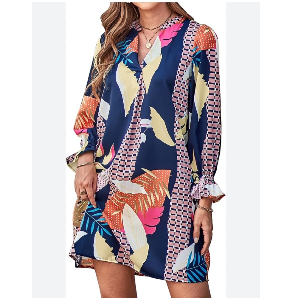 Wkior Long Sleeve V Neck Casual Shift Dress